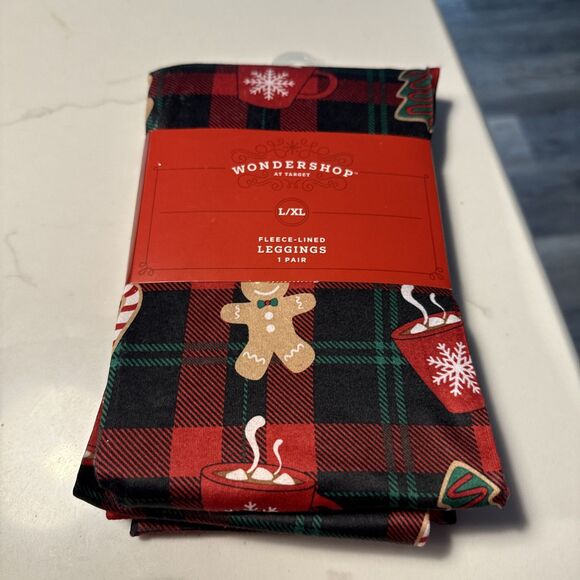 Wondershop Pants - L/XL Womens Holiday Plaid Seamless Fleece Lined Leggings  Wondershop™ Black/Red